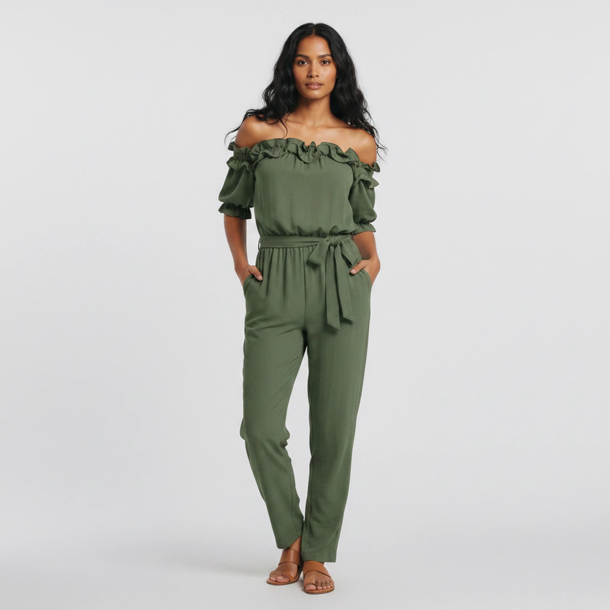Delmare - Ruffle Off-Shoulder Wide-Leg Jumpsuit