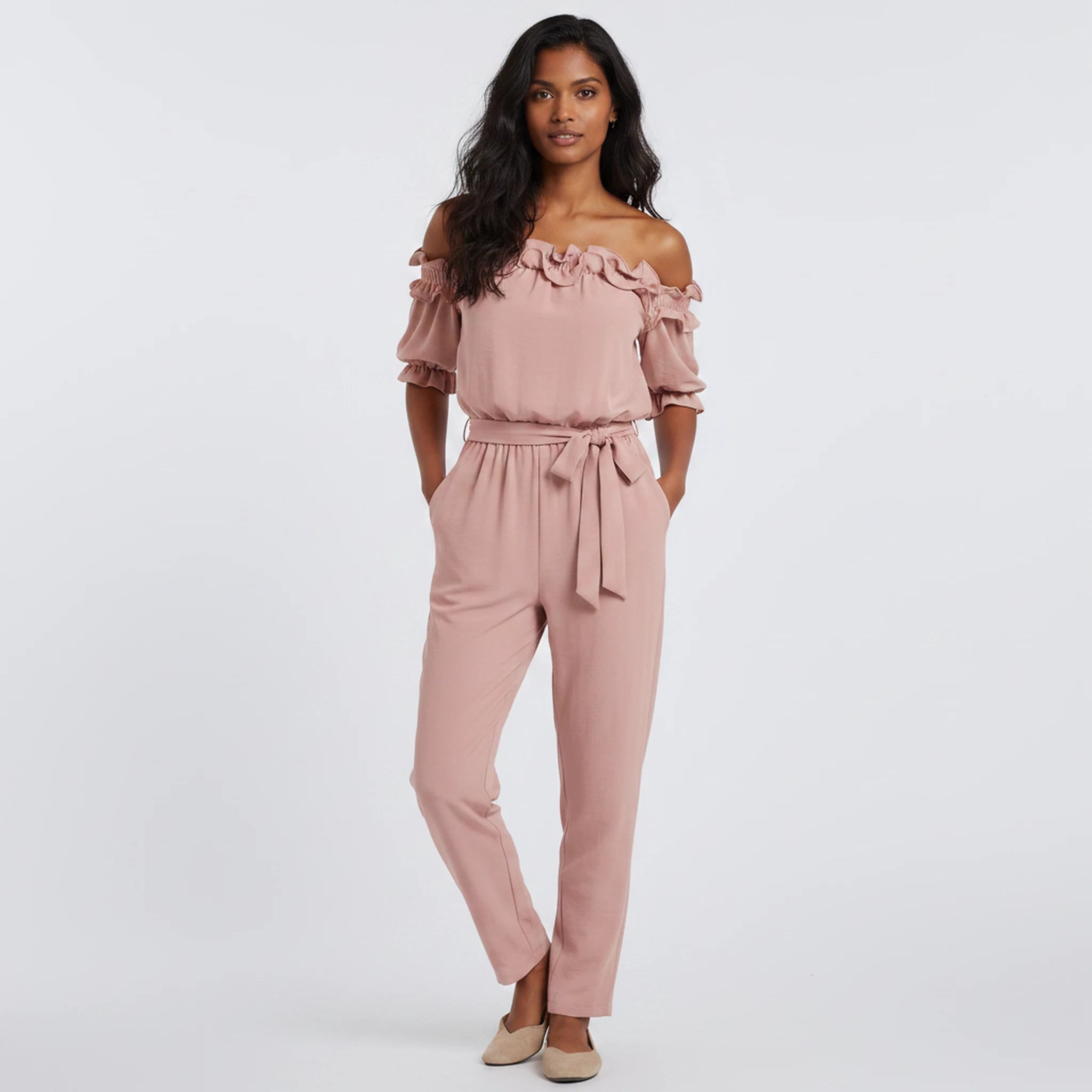 Delmare - Ruffle Off-Shoulder Wide-Leg Jumpsuit
