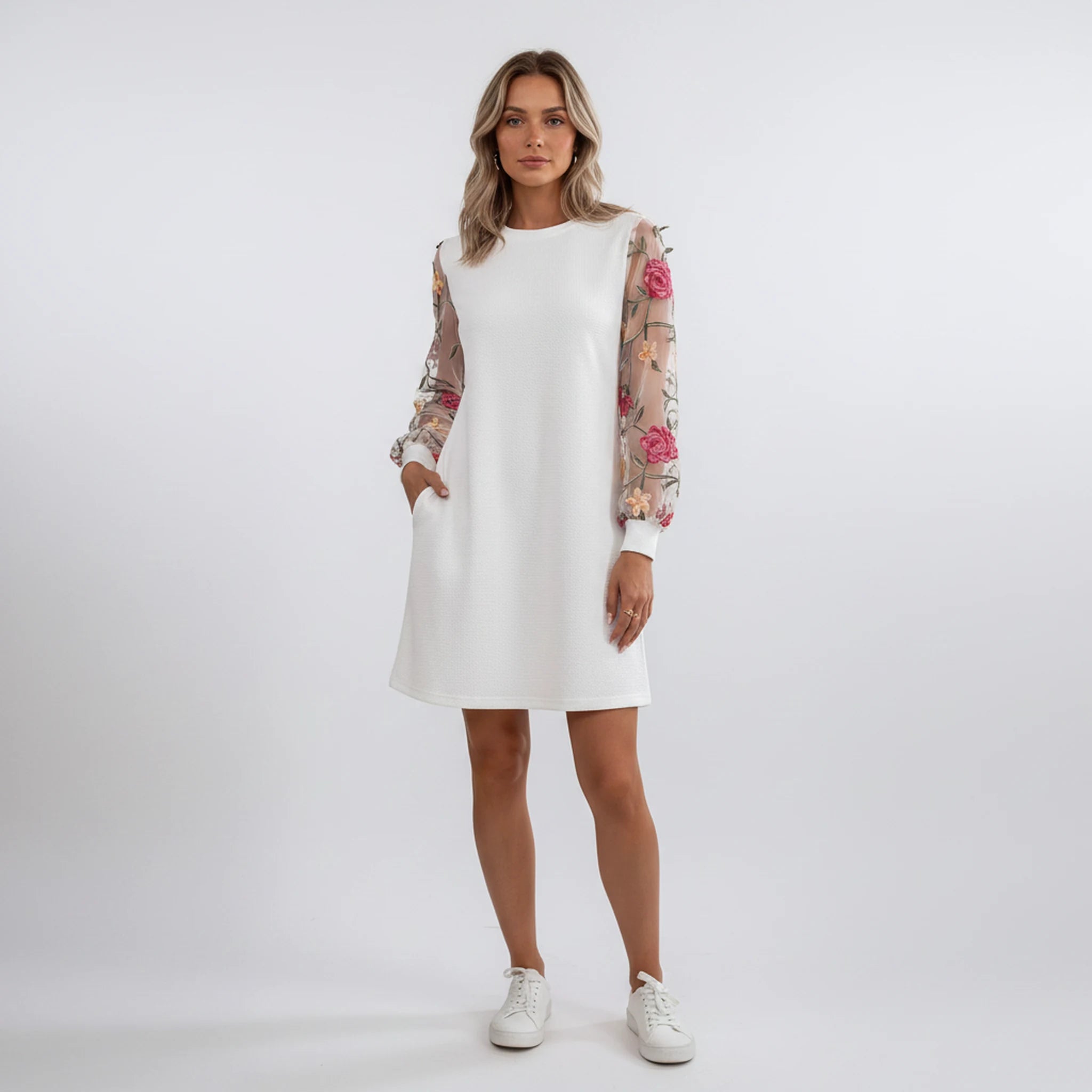 Mirelle - Tonal-Embroidered Bishop-Sleeve Dress