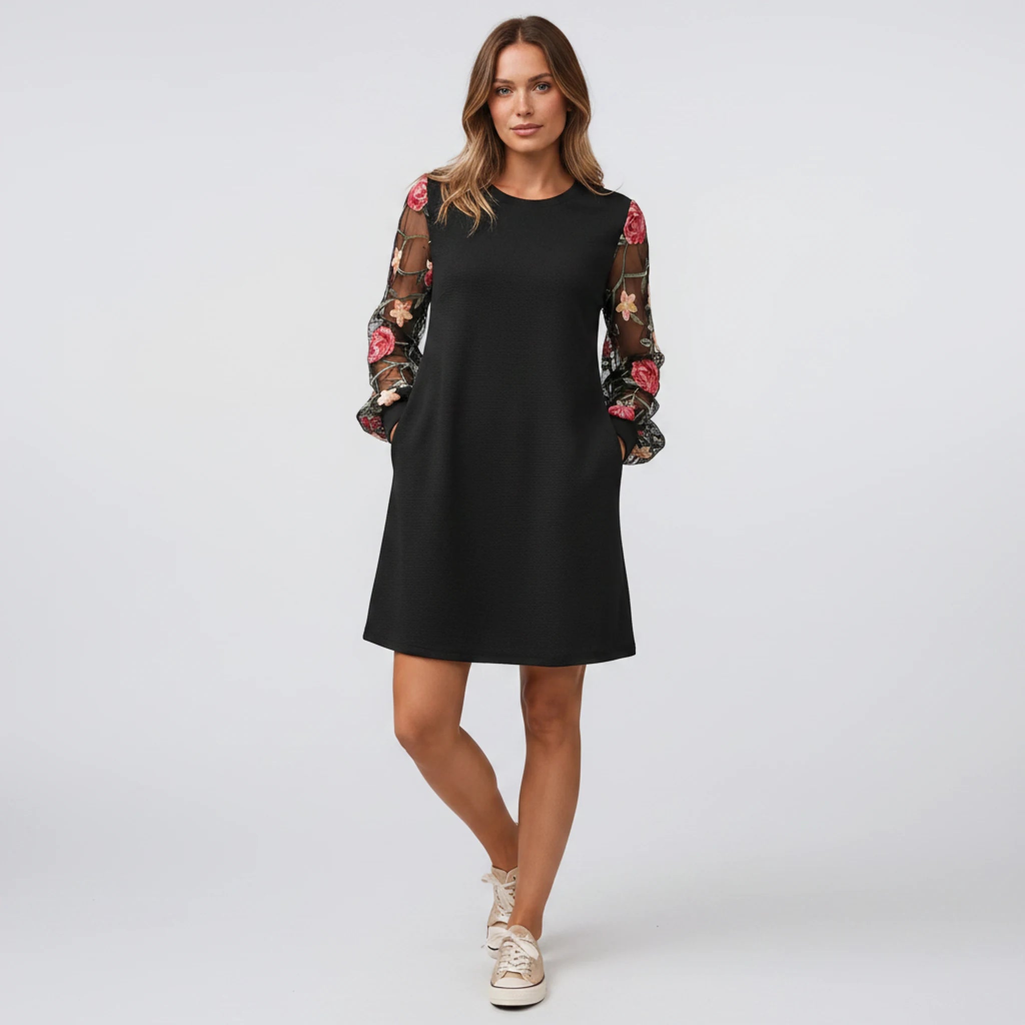 Mirelle - Tonal-Embroidered Bishop-Sleeve Dress