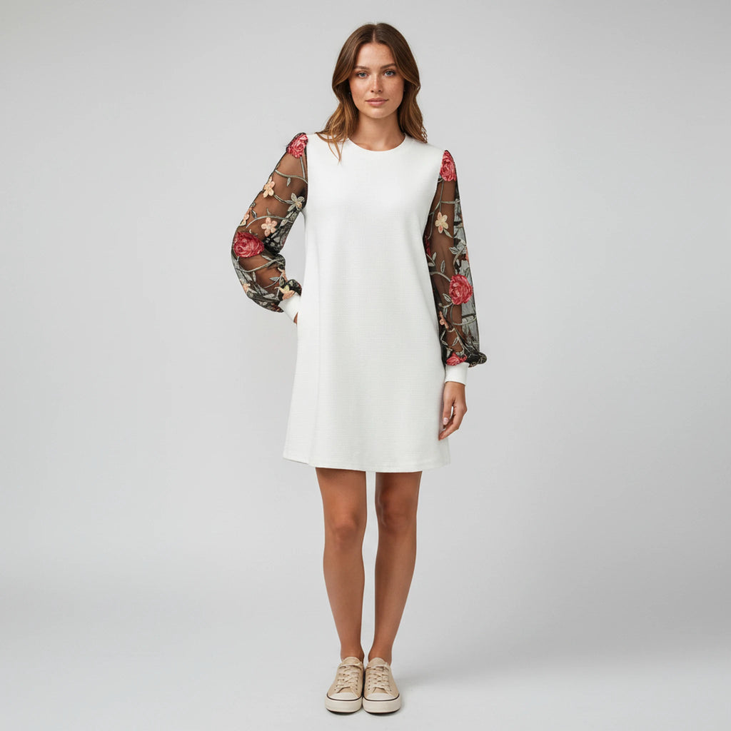 Mirelle - Tonal-Embroidered Bishop-Sleeve Dress