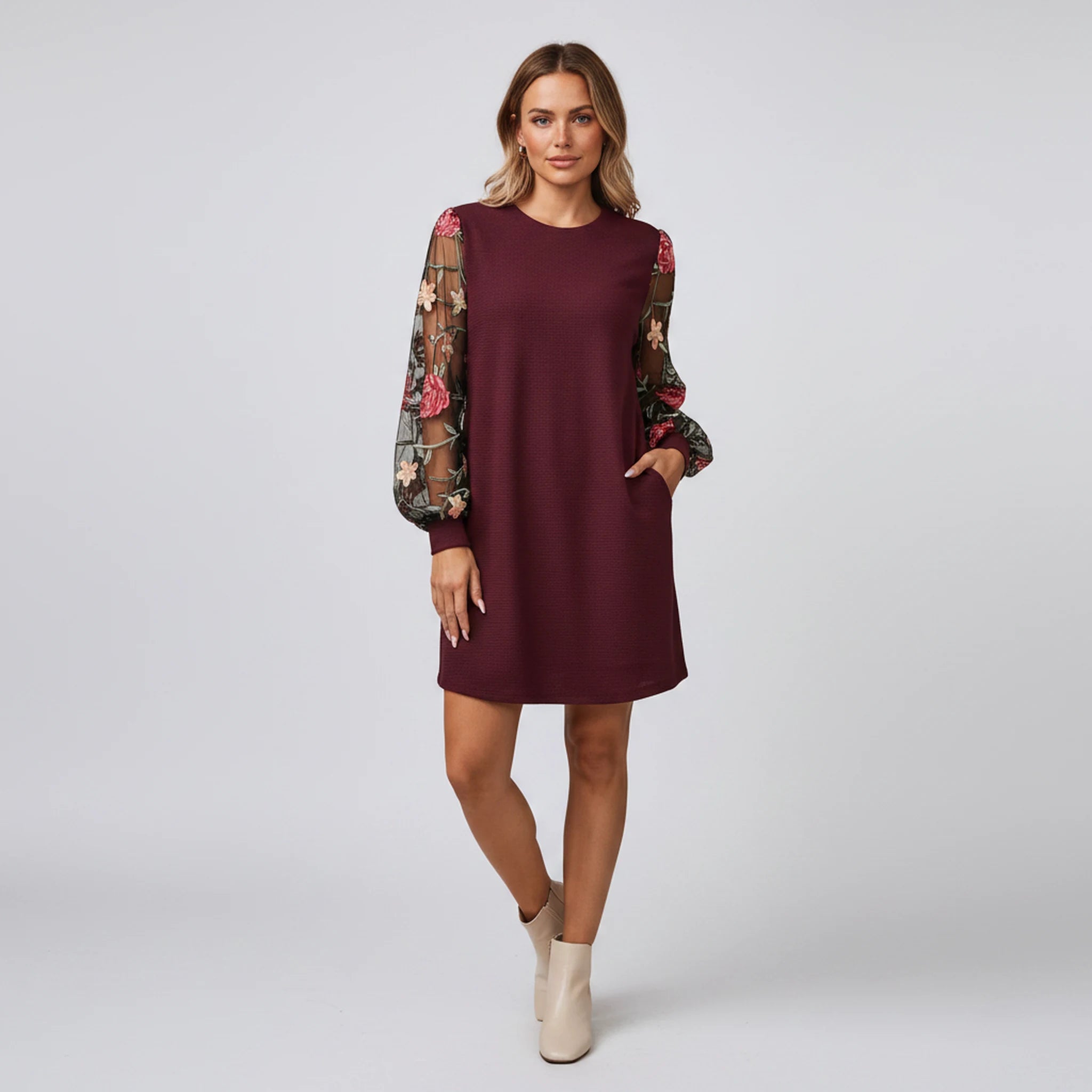 Mirelle - Tonal-Embroidered Bishop-Sleeve Dress