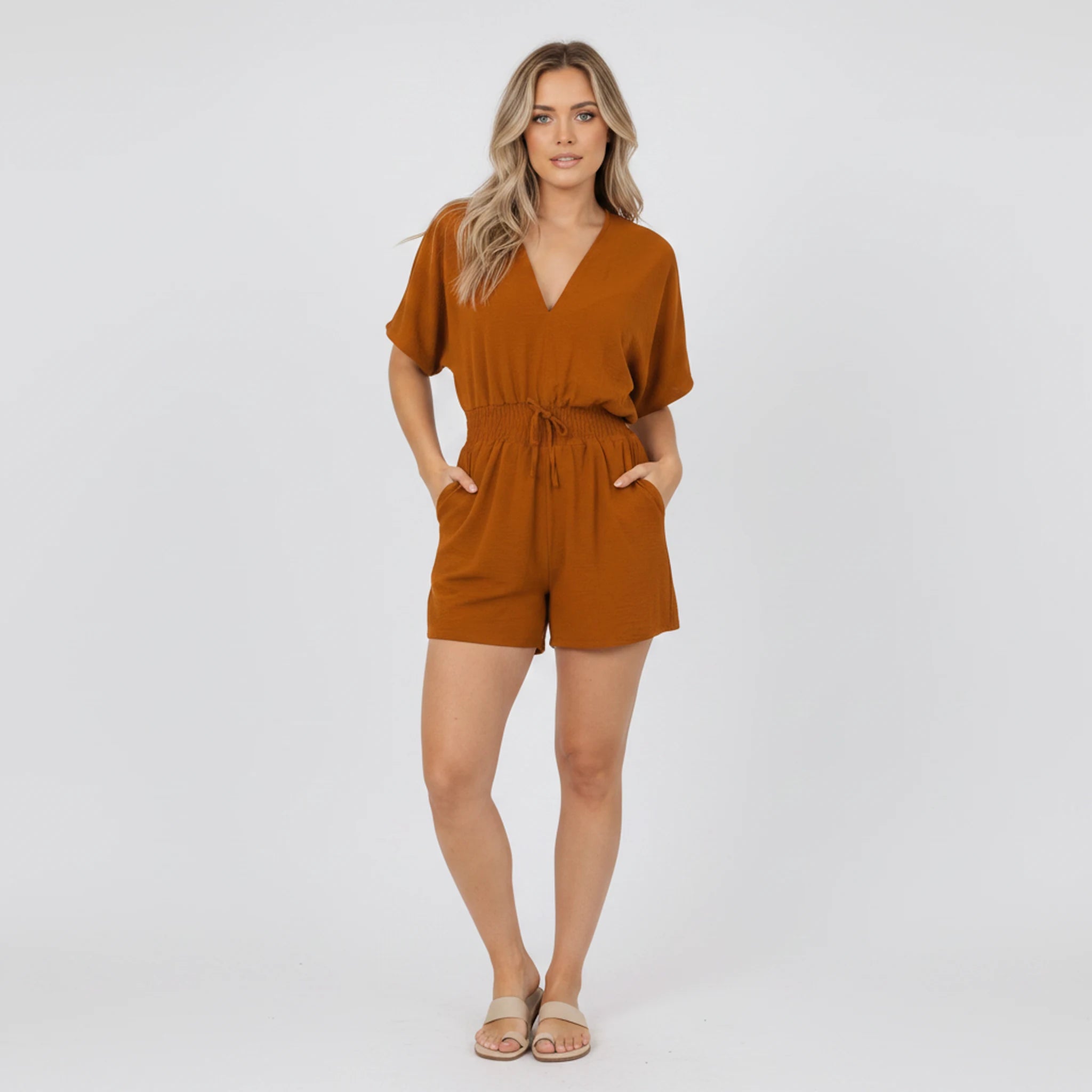 Talise - V-Neck Drawstring-Waist Playsuit