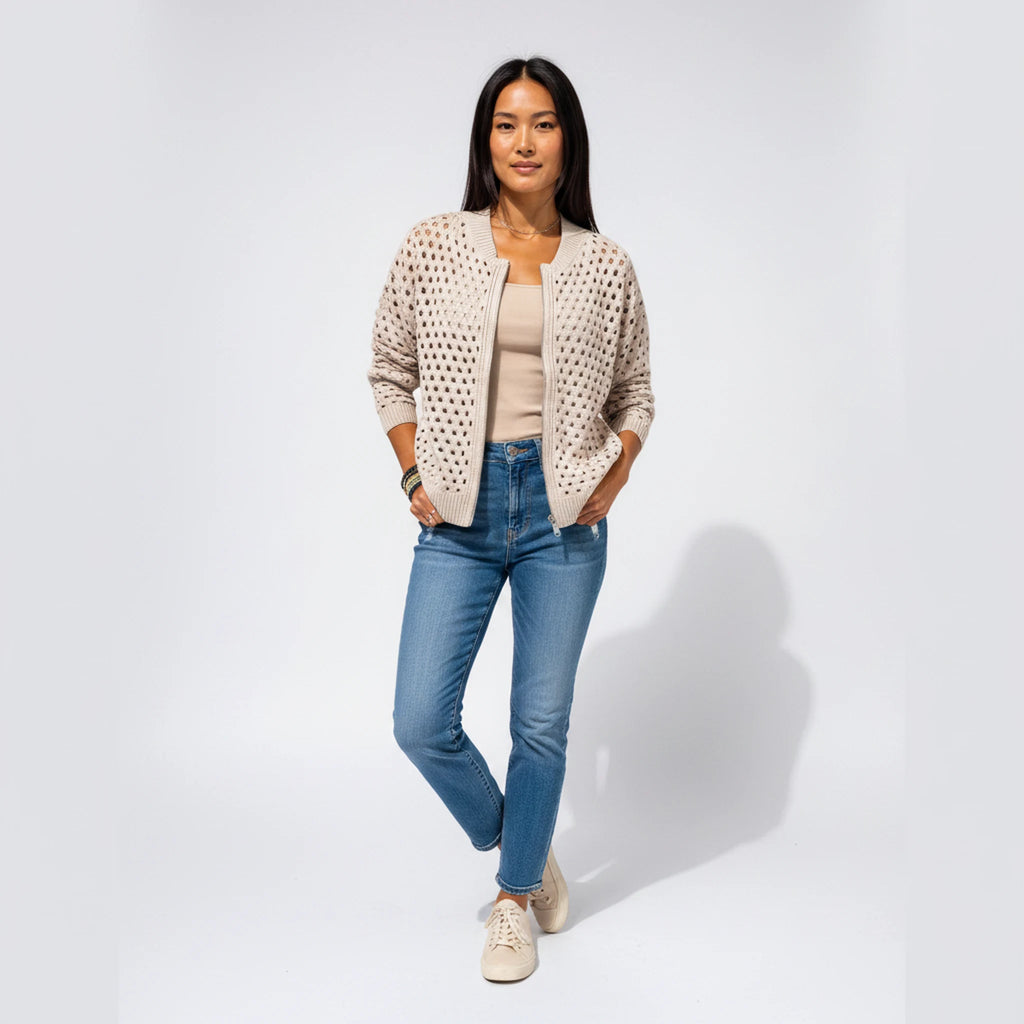 Wrenna - Zip-Front Textured Knit Cardigan