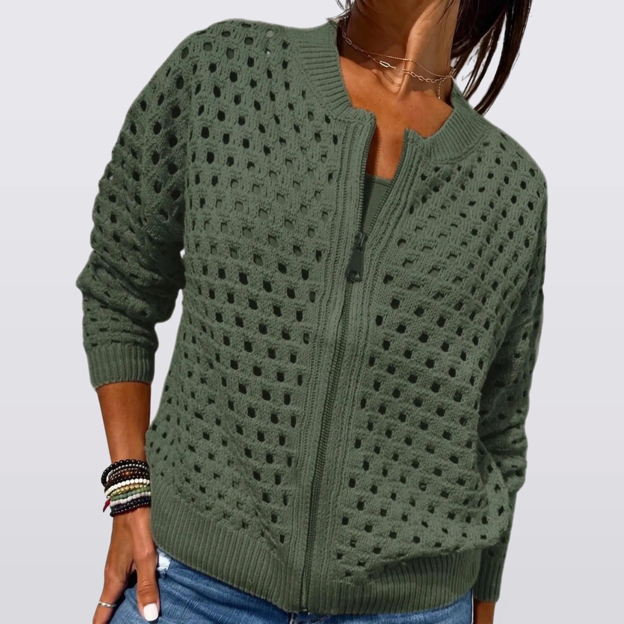 Wrenna - Zip-Front Textured Knit Cardigan
