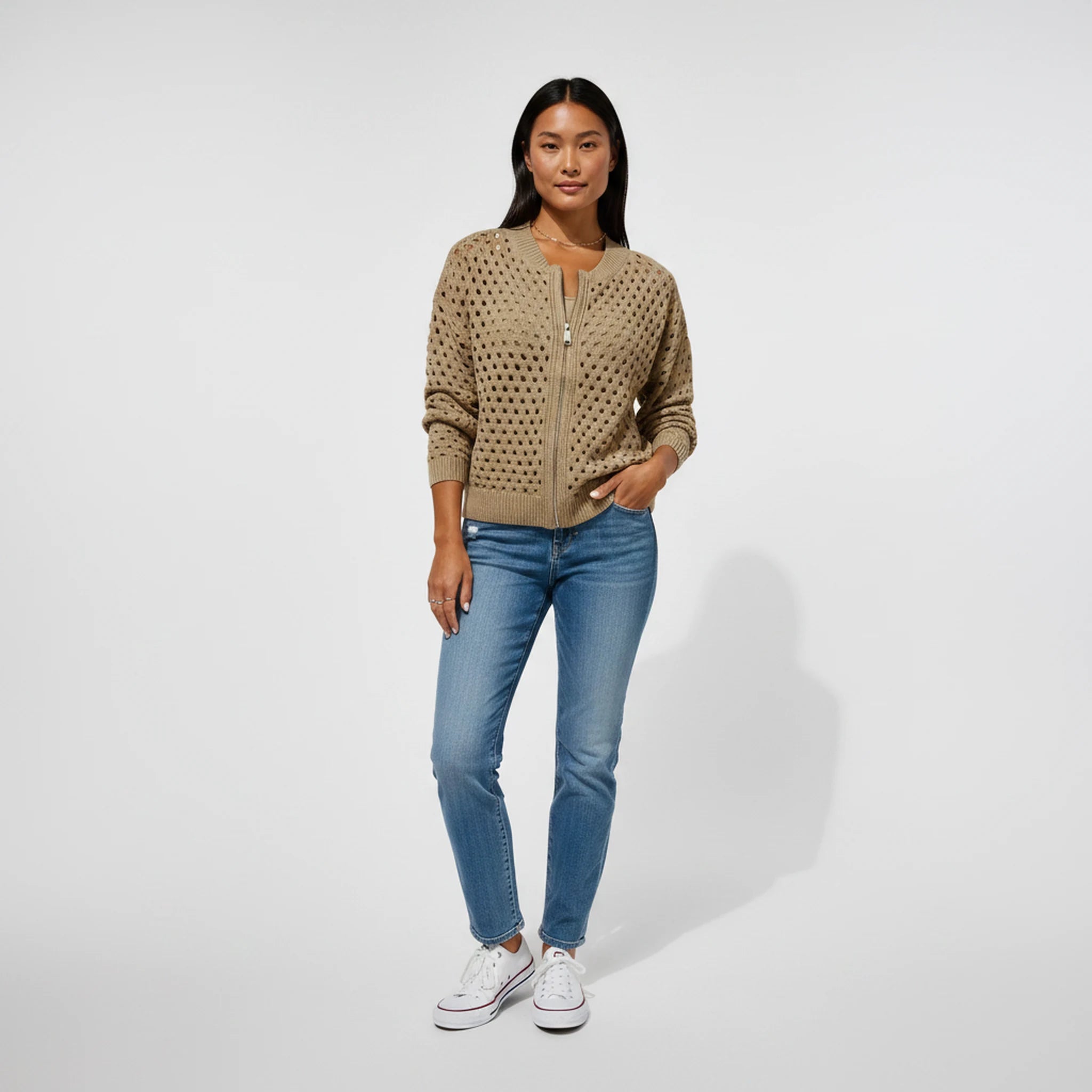 Wrenna - Zip-Front Textured Knit Cardigan